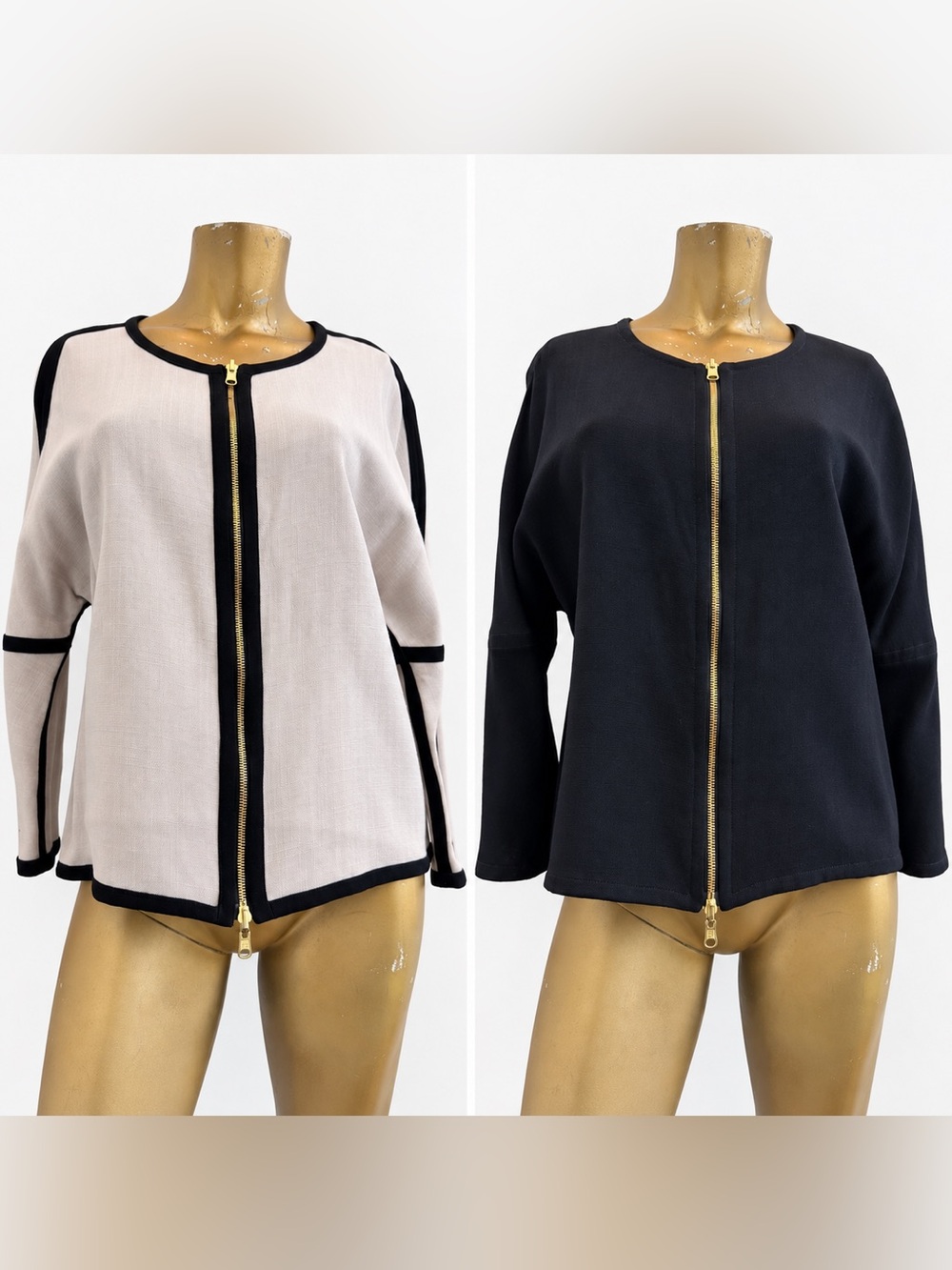 Custom Reversible Black/Natural Linen Contrast Trim gold Zip collarless jacket